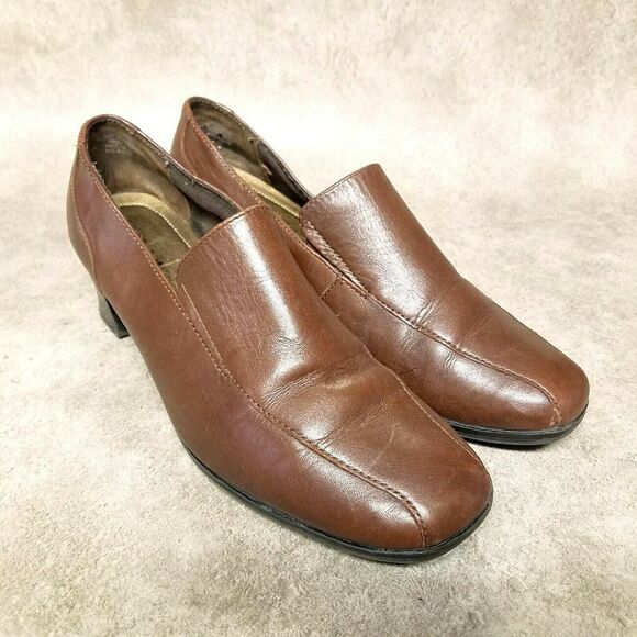 Thom McAn Womens  21387 Size 9 W Brown  Leather Slip On Loafer 2" Block Heels - Picture 1 of 11